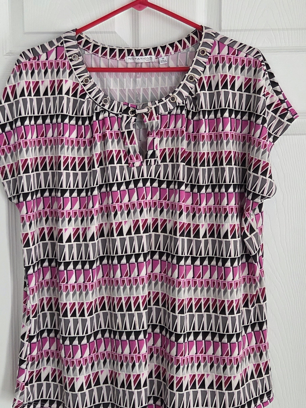 Notations Pink Black White Geometric Grommet Neck Blouse